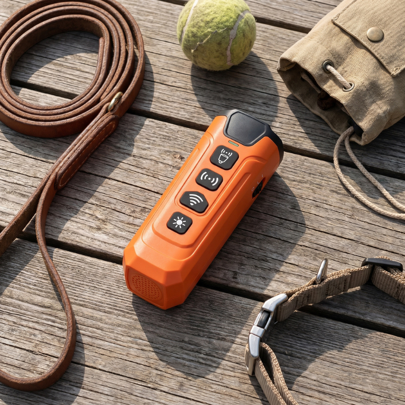 The bark trainer on a deck beside a leather leash, tennis ball and canvas treat pouch