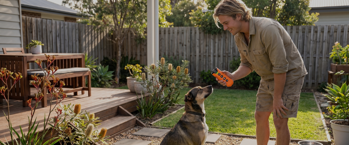 A dog sitting calmly during a backyard training session