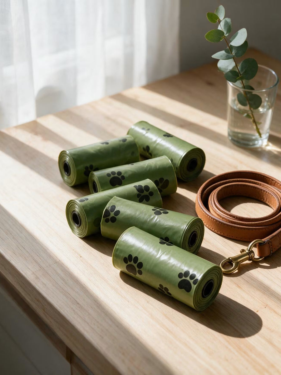 A box of waste bag rolls on a kitchen bench with rolls scattered beside a leash