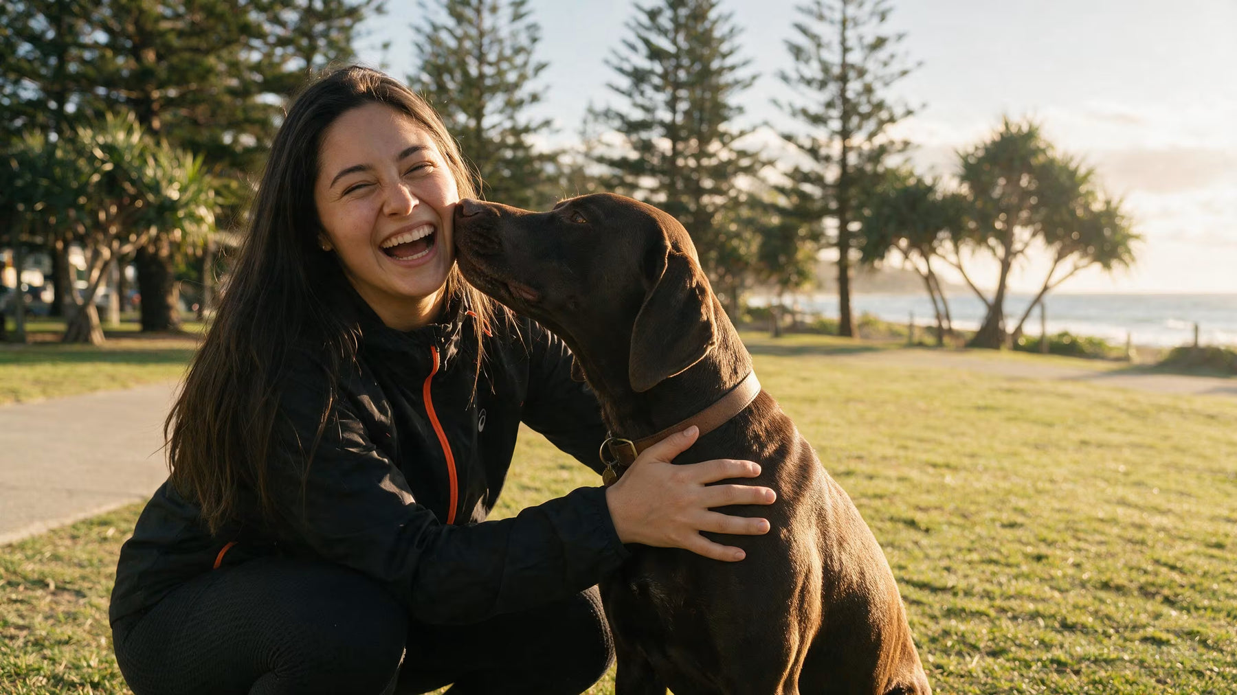 Giovana outdoors with a dog on a loose lead