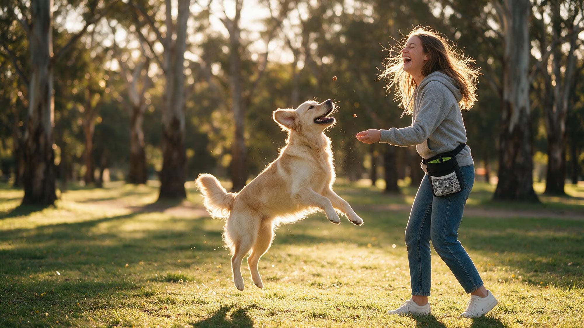 A dog sitting calmly during a backyard training session