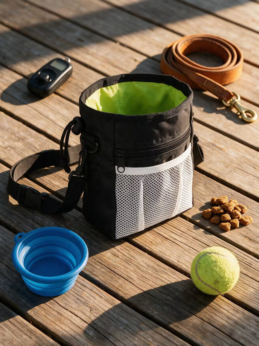 The training pouch laid out with treats, a clicker, a leash, a collapsible bowl and a tennis ball